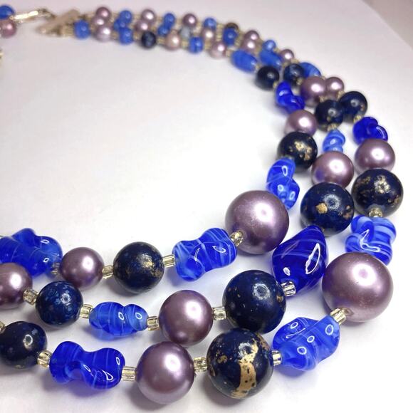 VTG Japan 50s 60s Necklace Two Strand Glass Bead Faux Pearl Graduated Colorful - Picture 2 of 13